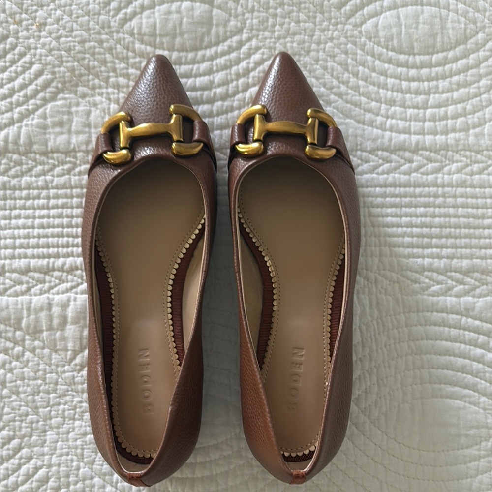 Boden Brown Leather Pointed-Toe Flats with Gold Horsebit